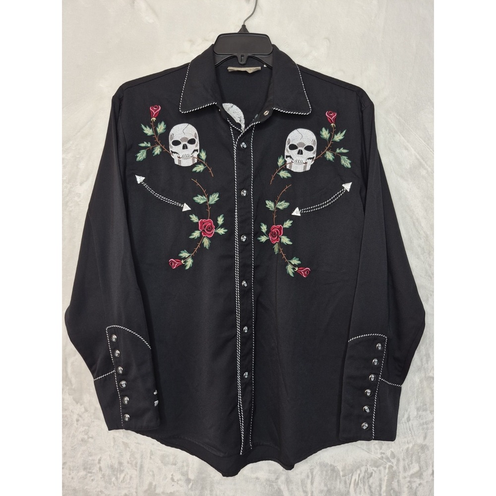Scully Skull Pearl Snap Western Shirt Mens Medium Black Embroidered Roses 23x29
